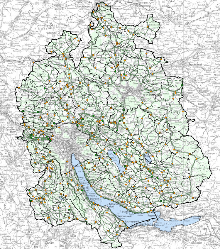 Abbildung 2: Das Verkehrsmessstellennetz des Kantons Zürich. Quelle: Screenshot aus dem GIS-ZH https://maps.zh.ch